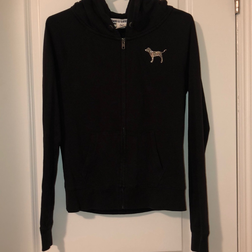 PINK bedazzled black zip up hoodie